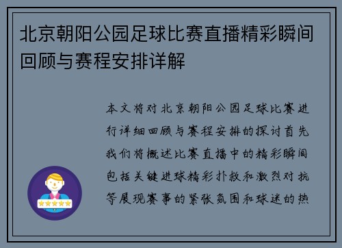 北京朝阳公园足球比赛直播精彩瞬间回顾与赛程安排详解